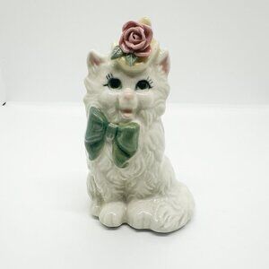 Vintage Porcelain Persian Cat Fancy Lady Cat Flowers Bow